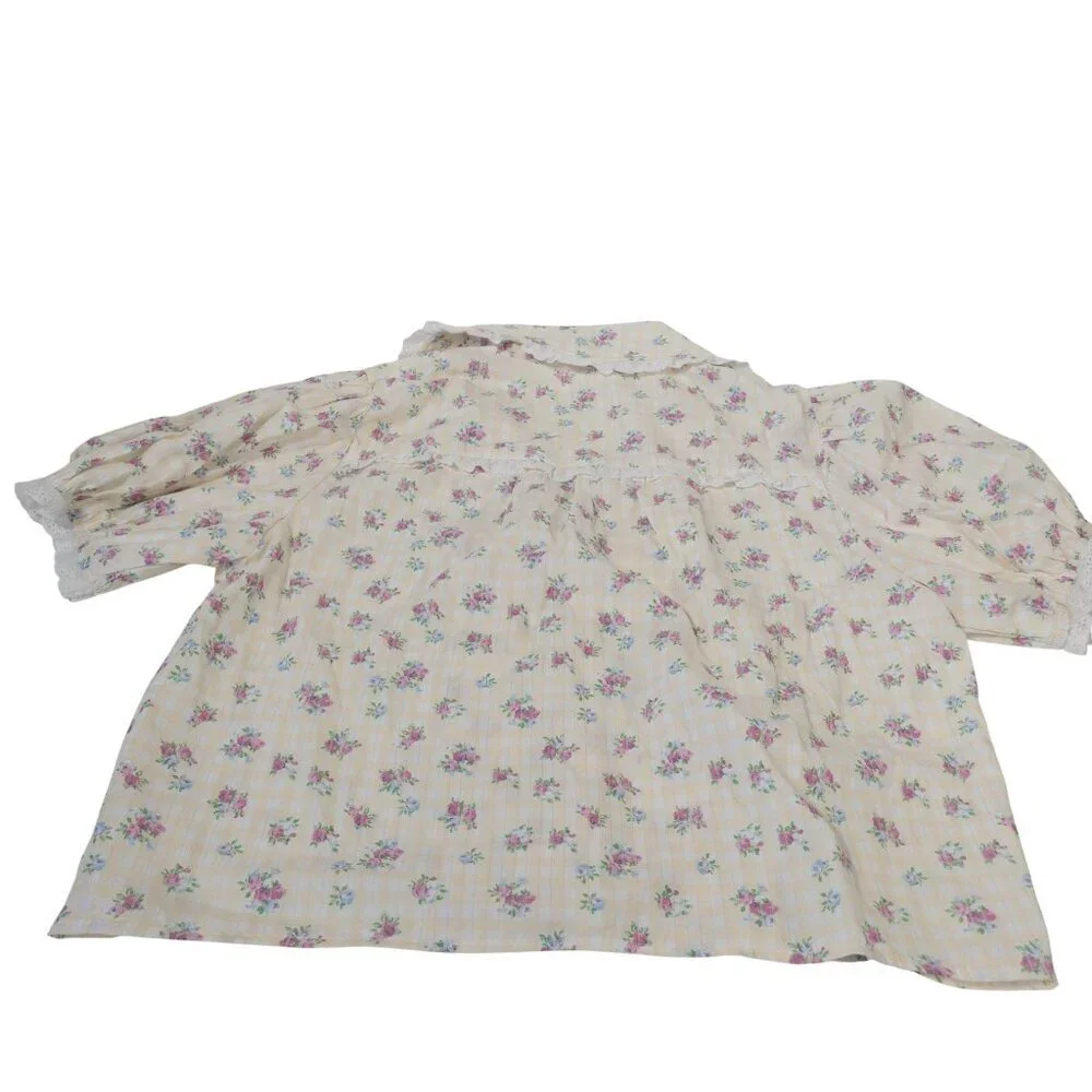 Cottage Core Peach Love Yellow and White Gingham Floral Top SZ S Puff Sleeve - Picture 6 of 13
